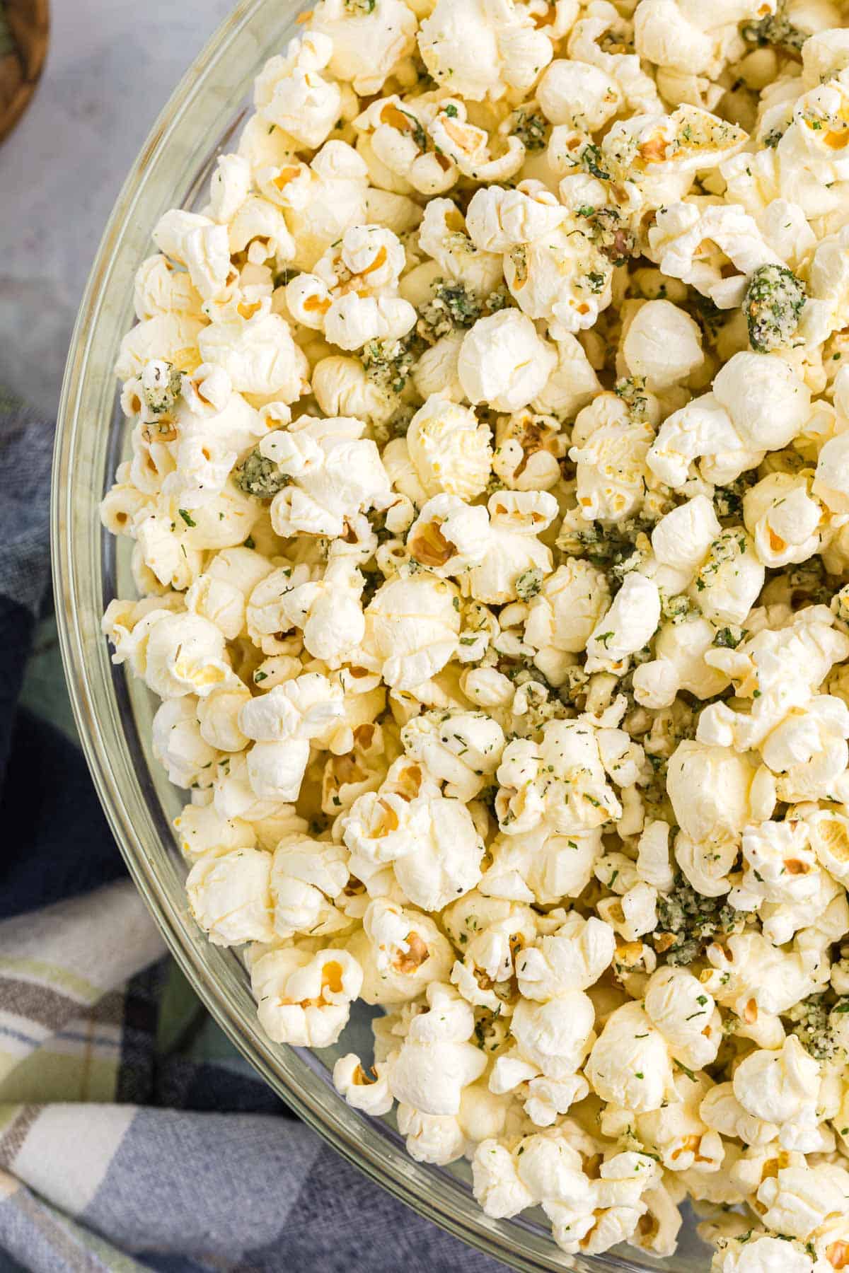 overhead view of a bowl of popcorn with ranch seasoning