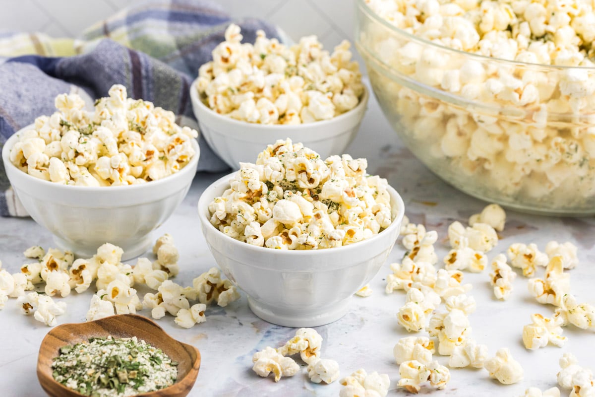 bowls of ranch popcorn on a table