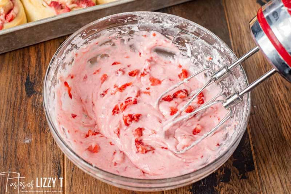 strawberry frosting in a bowl