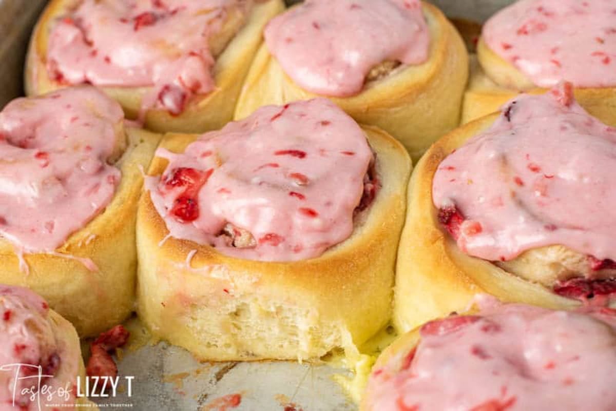 strawberry rolls in a baking pan
