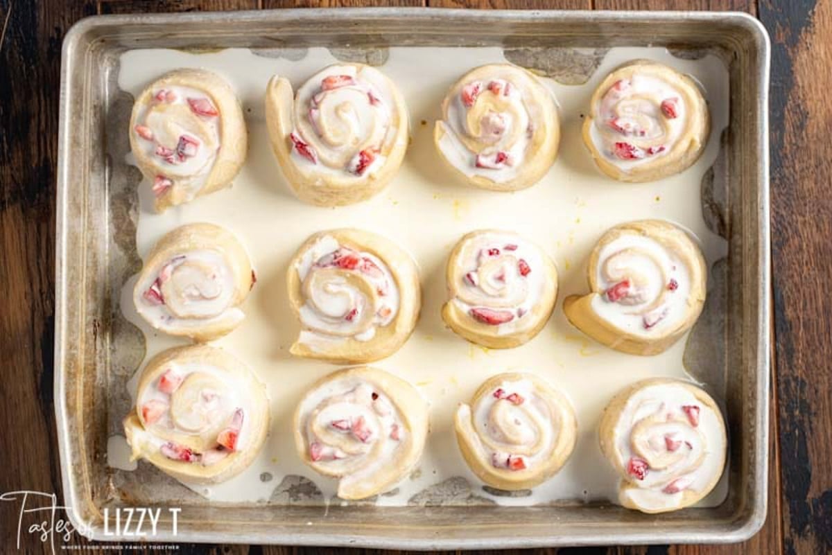 overhead view of unbaked strawberry rolls