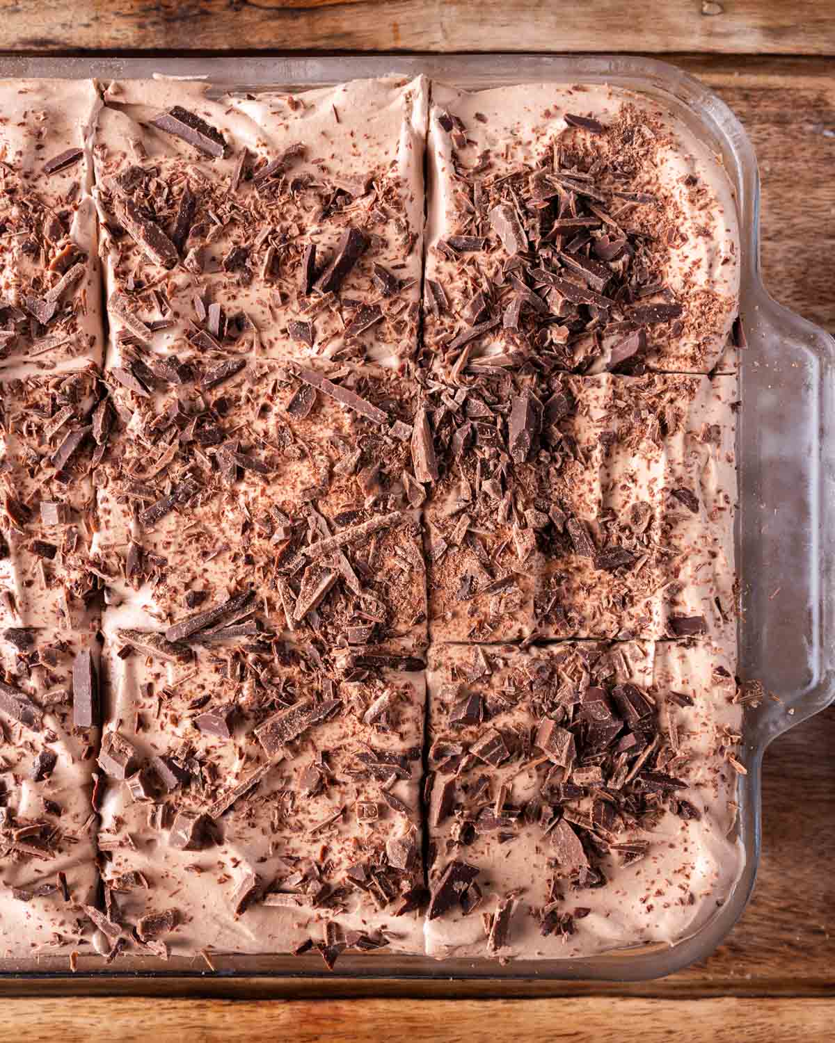 overhead view of a chocolate tres leches cake