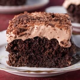 a piece of chocolate tres leches cake on a plate