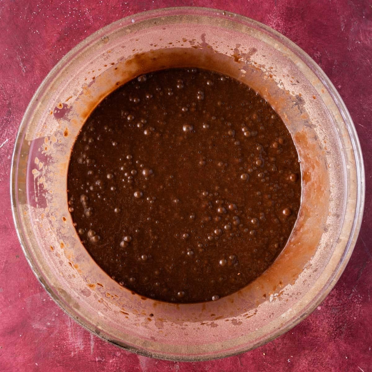 chocolate cake batter in a mixing bowl