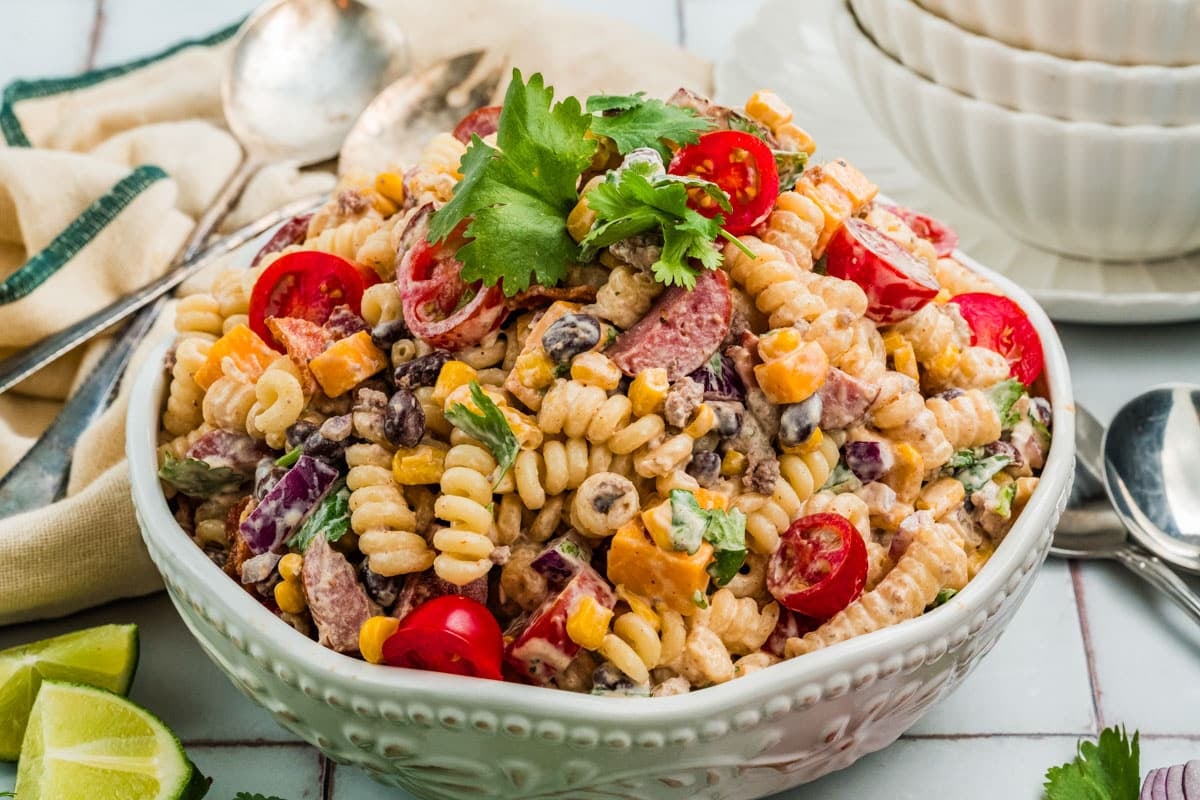 spicy cowboy pasta salad in a bowl