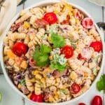 overhead view of cowboy pasta salad in a bowl