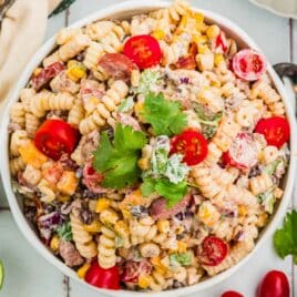 overhead view of cowboy pasta salad in a bowl
