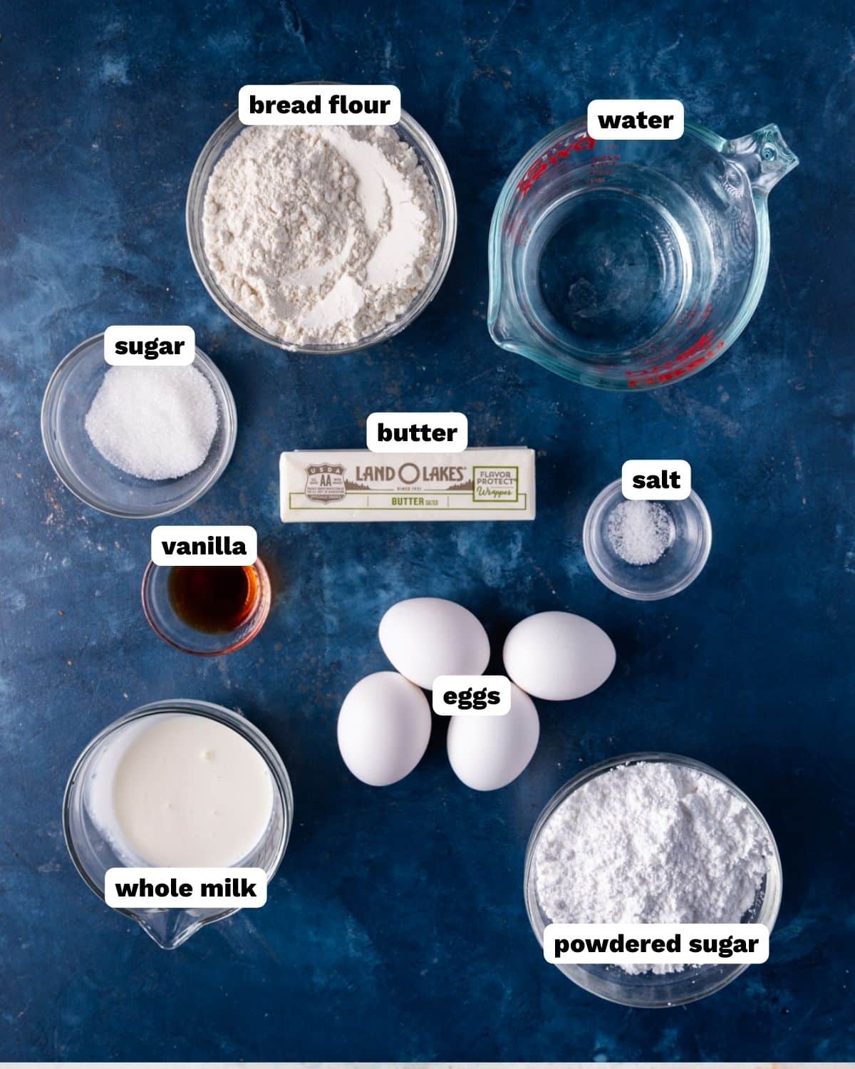ingredients for homemade crullers on a table