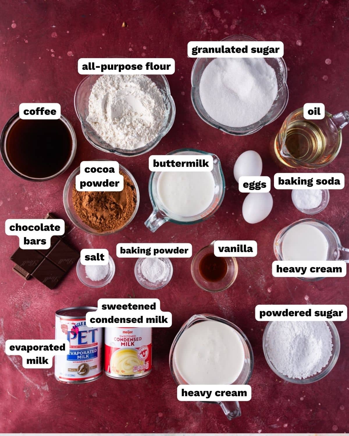 chocolate tres leches cake ingredients on a table