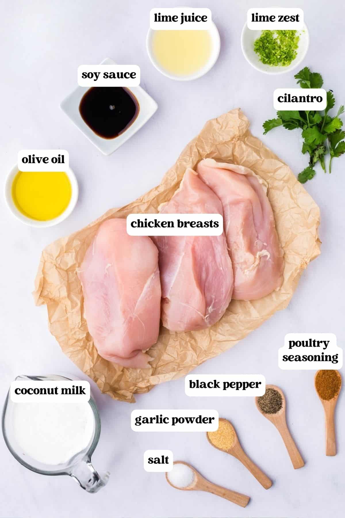 ingredients for coconut lime chicken on a table