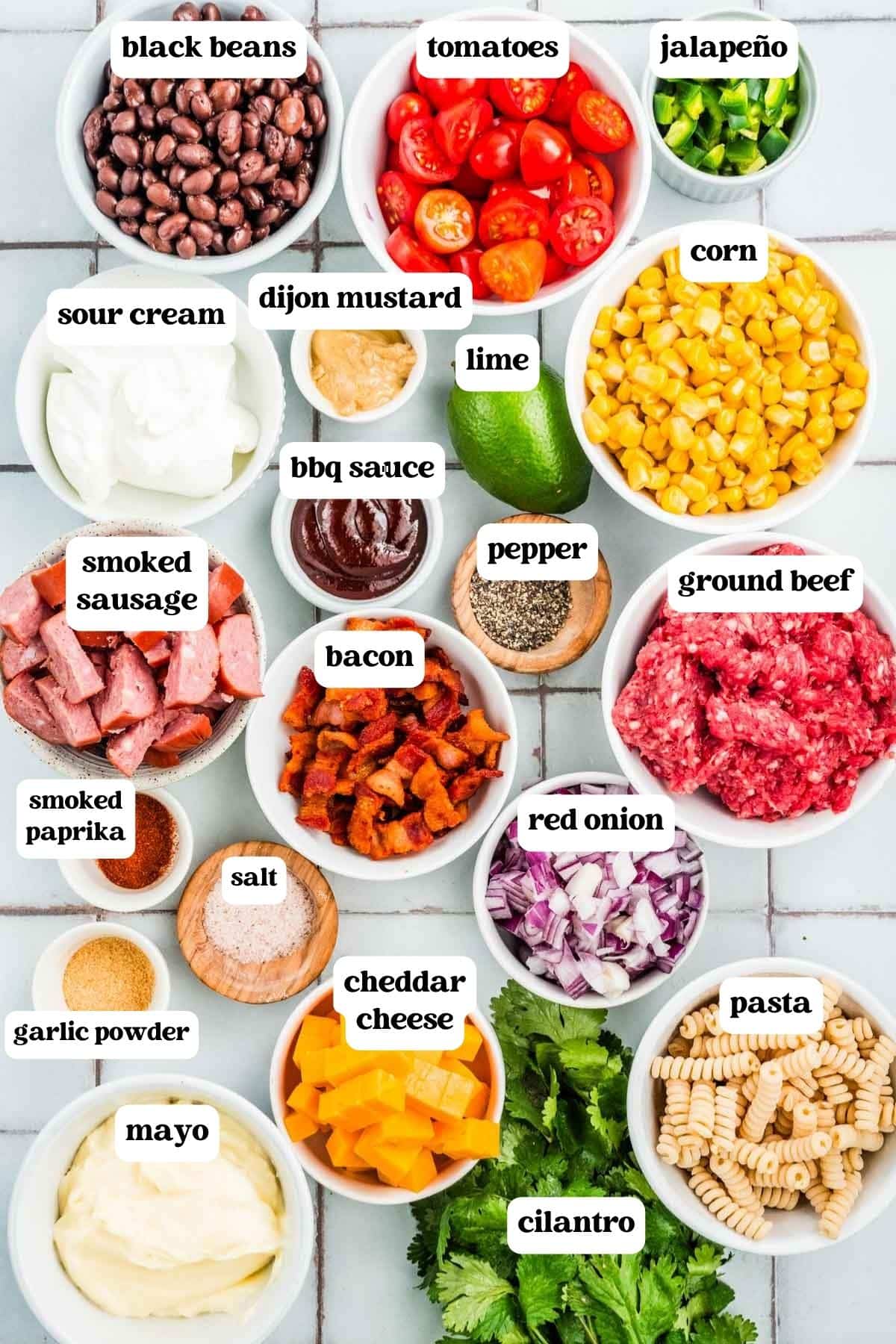 cowboy pasta salad ingredients on a table