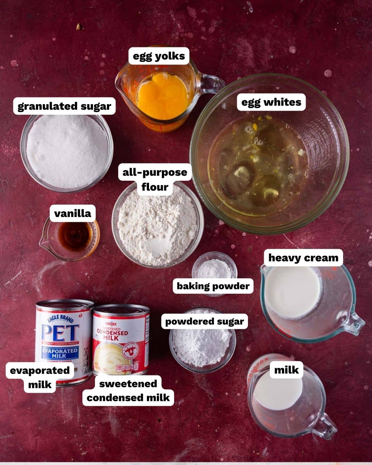 ingredients for tres leches cake on a table