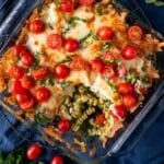 overhead view of a pesto pasta casserole