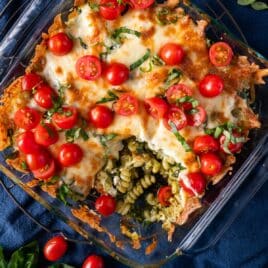 overhead view of a pesto pasta casserole