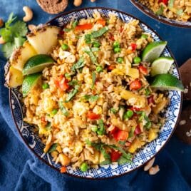 overhead view of pineapple fried rice in a bowl