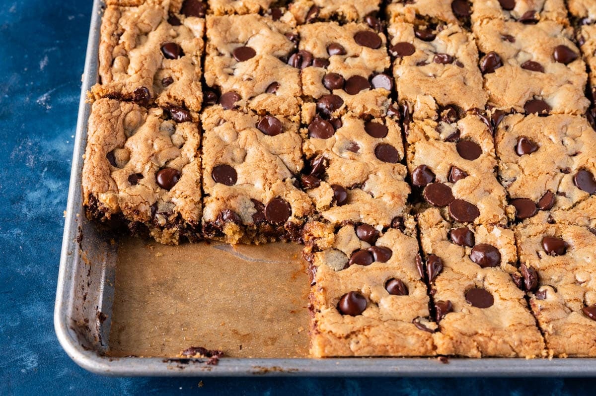 sheet pan cookies with two cookie bars missing