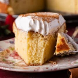 a piece of tres leches cake on a plate with a bite out