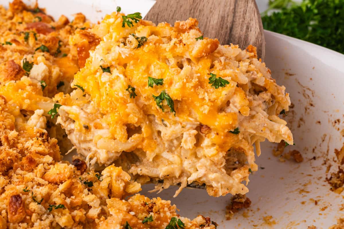 chicken hash brown casserole on a spatula