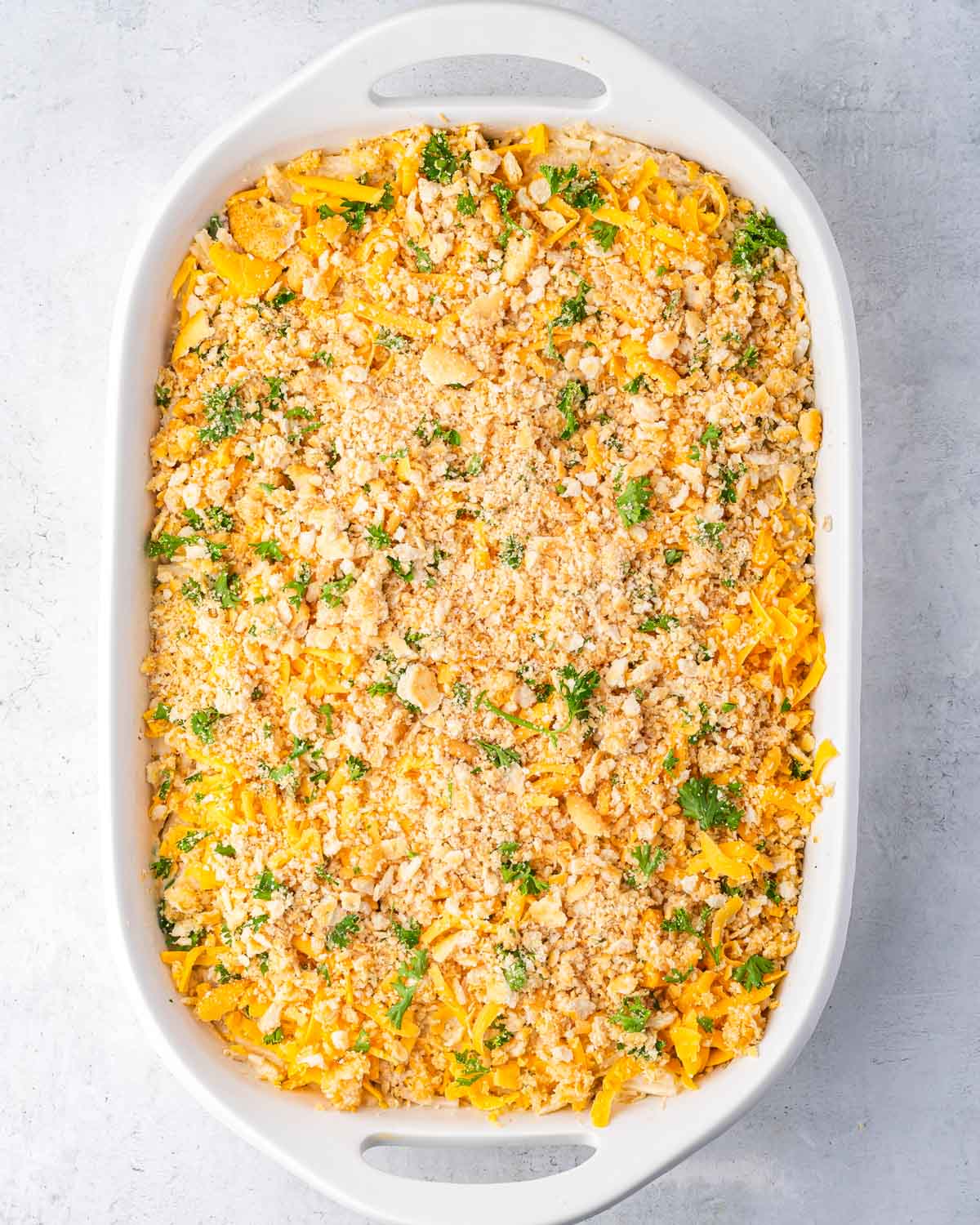 unbaked chicken casserole with crushed ritz crackers