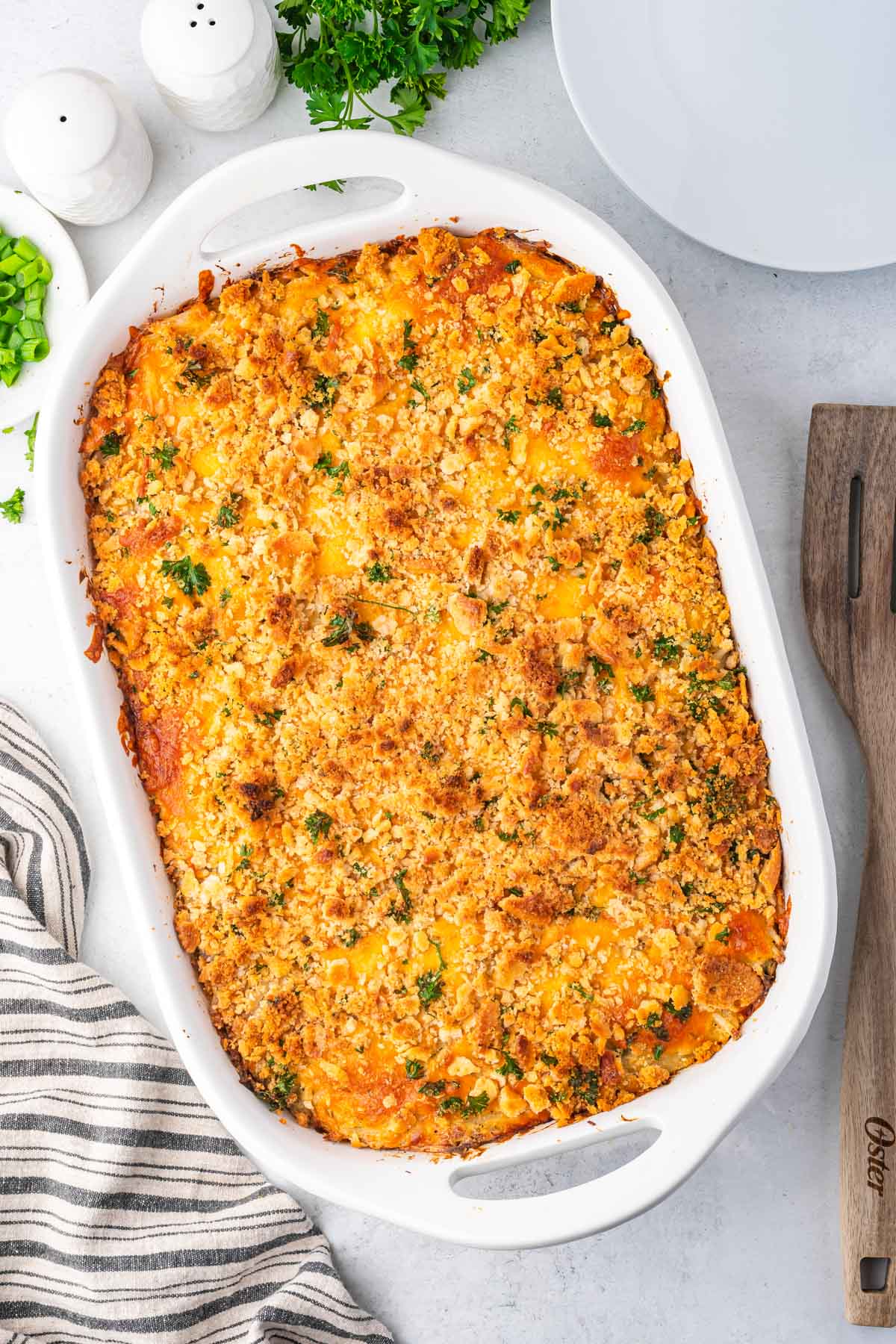 overhead view of hashbrown casserole with chicken