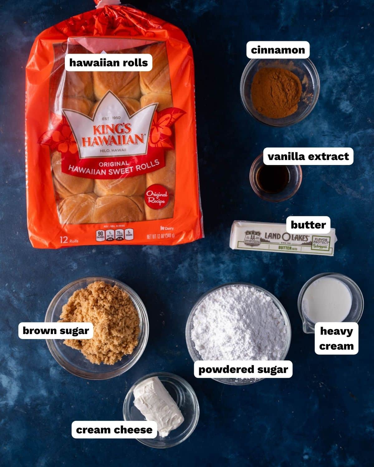 ingredients for hawaiian roll cinnamon rolls on a table