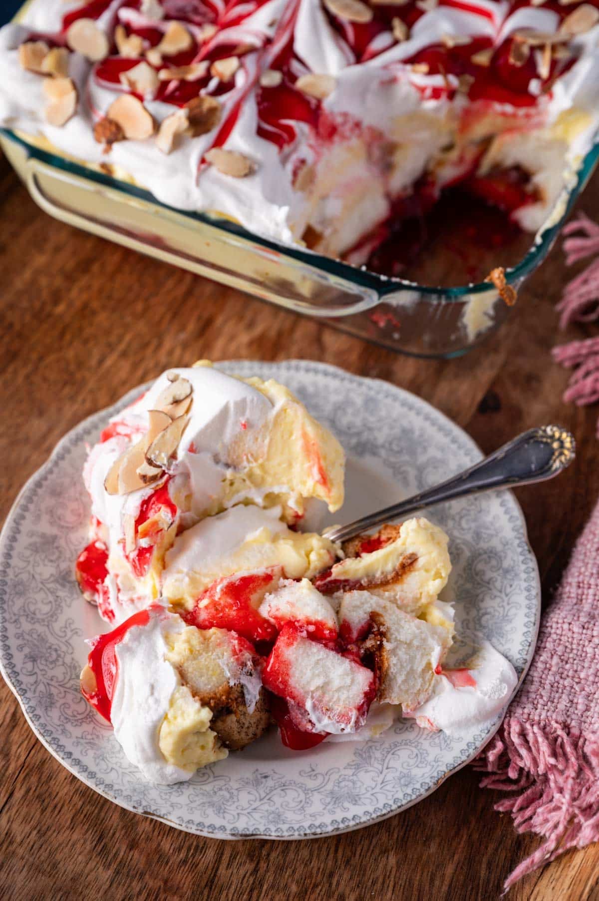 heaven on earth cake with one serving scooped out on a plate