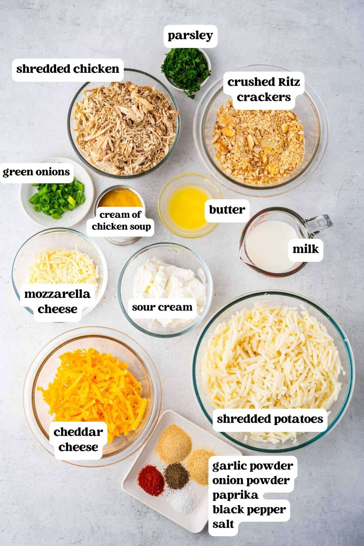 ingredients for chicken and hash brown casserole on a table