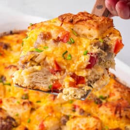 a piece of sausage biscuit breakfast bake on a spatula