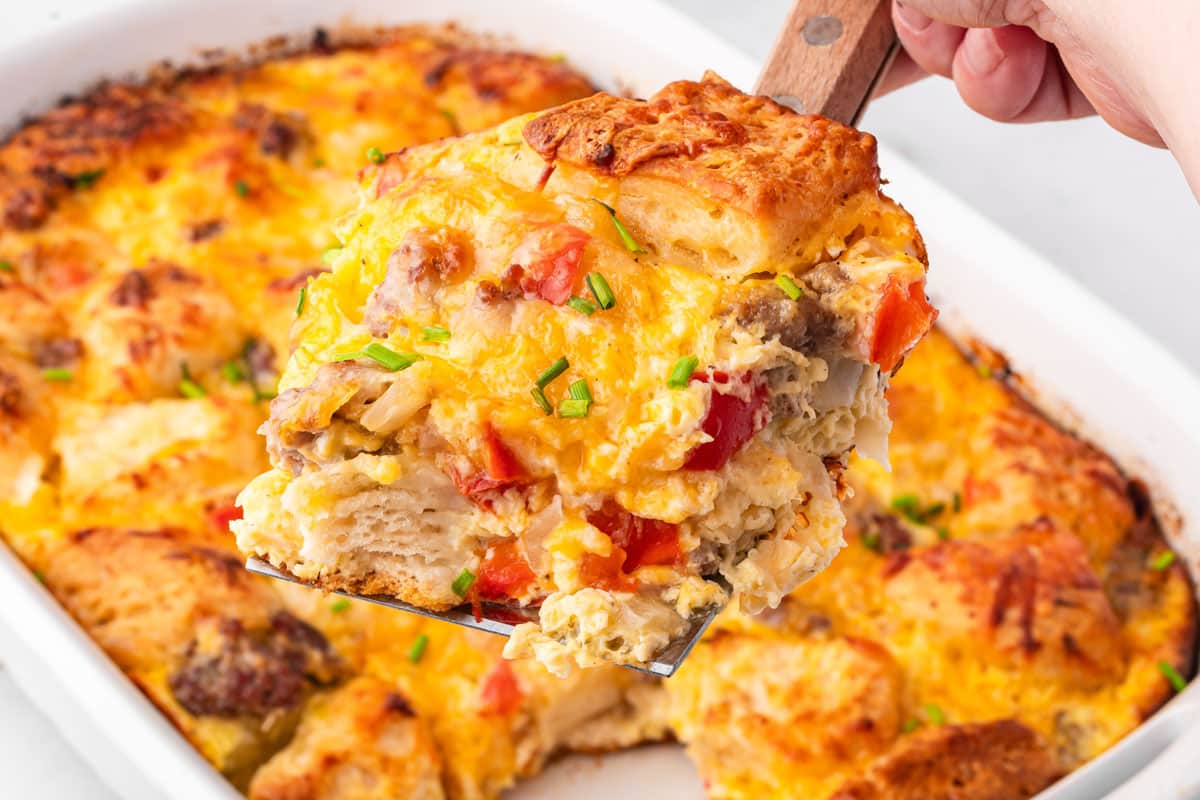 a piece of sausage biscuit breakfast bake on a spatula