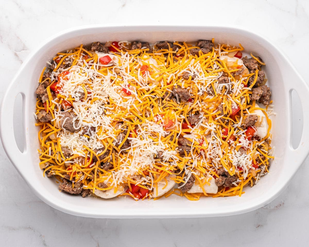 unbaked sausage biscuit caserole on a table