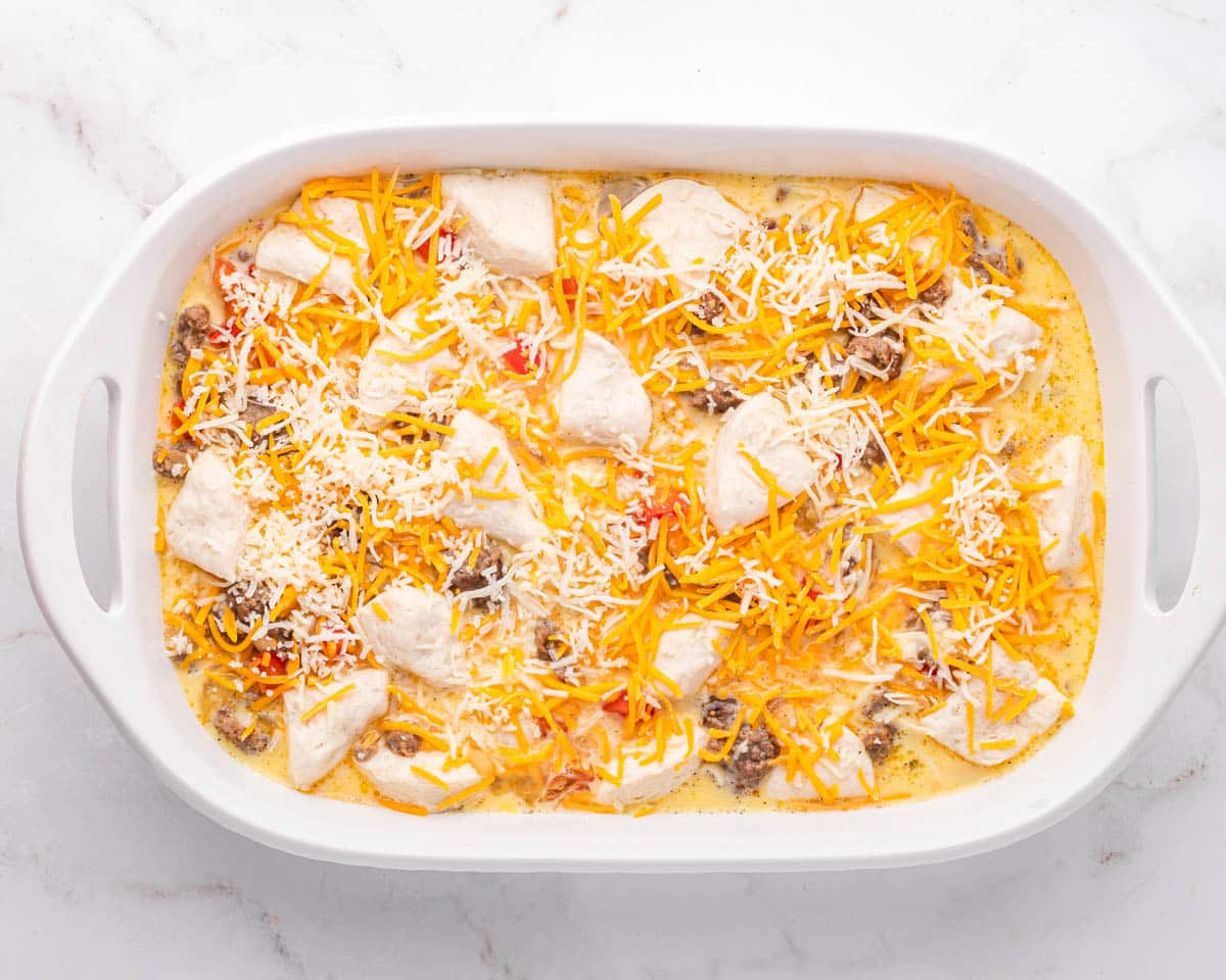 unbaked sausage biscuit caserole on a table