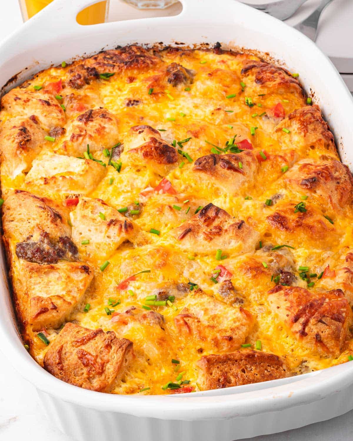 baked sausage egg biscuit casserole on a table
