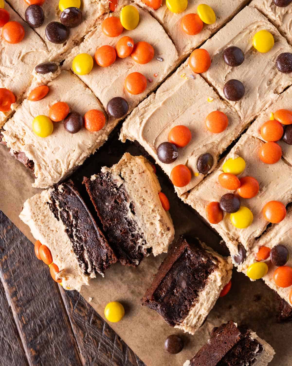 overhead view of chocolate peanut butter brownies