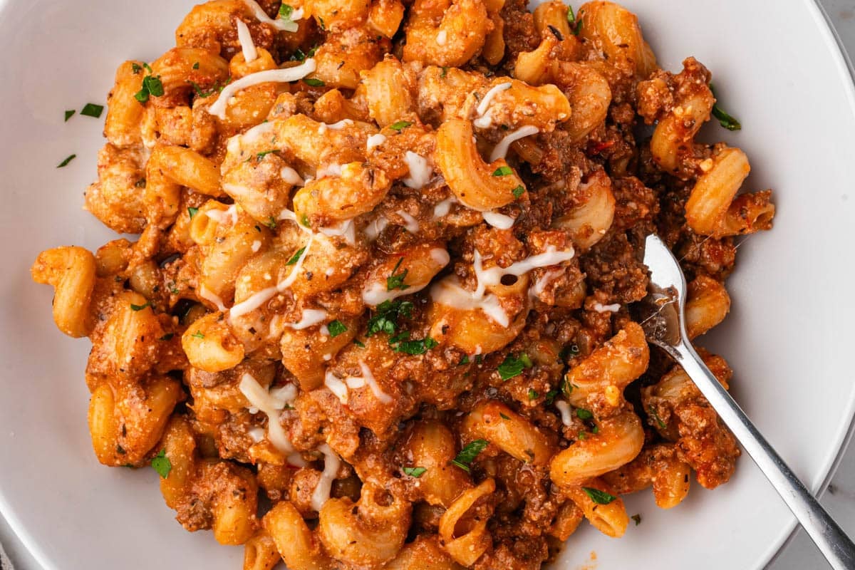 copycat hamburger helper lasagna on a plate with a fork