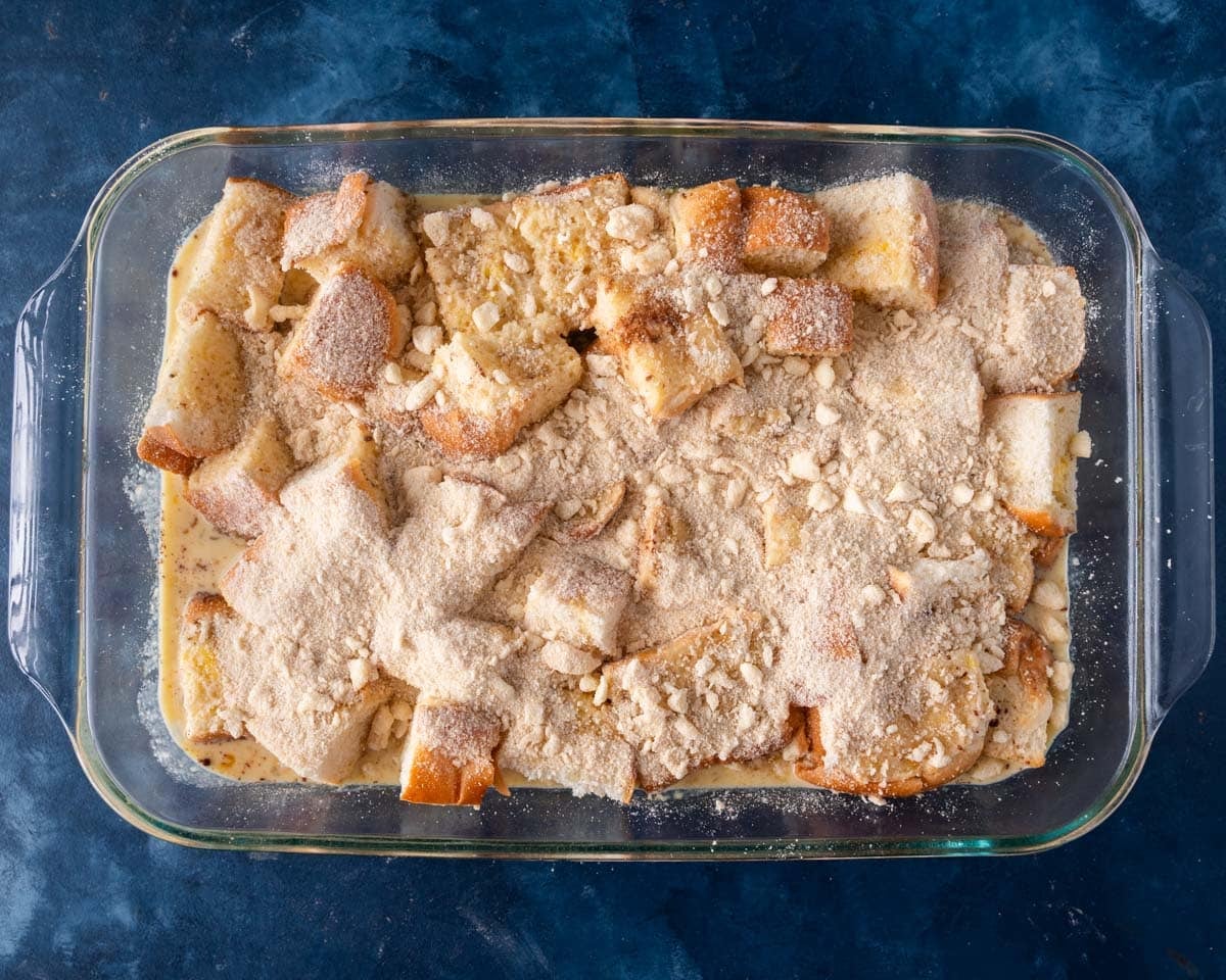 unbaked french toast casserole with streusel on top