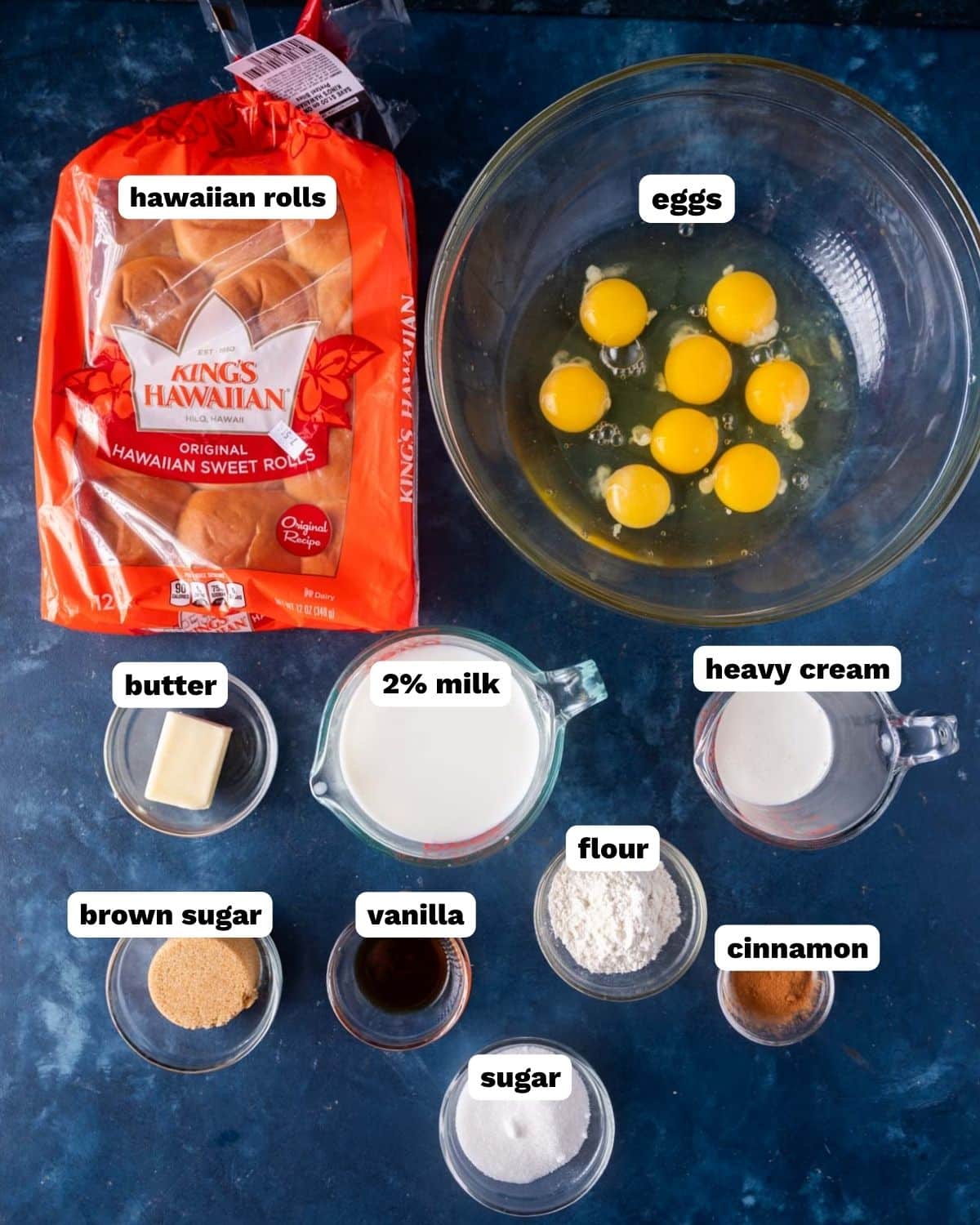 ingredients for hawaiian roll french toast casserole on a table