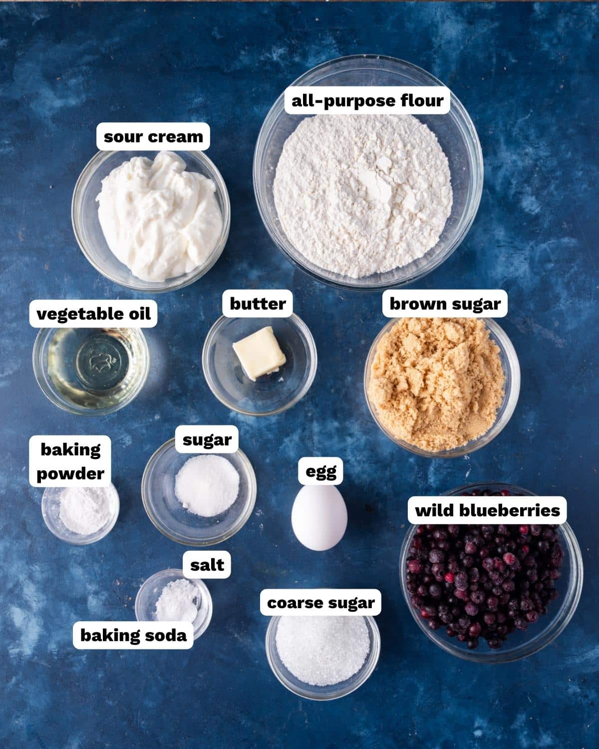 ingredients for brown sugar blueberry muffins on a table