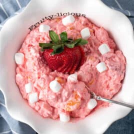 overhead view of jello fluff salad in a bowl