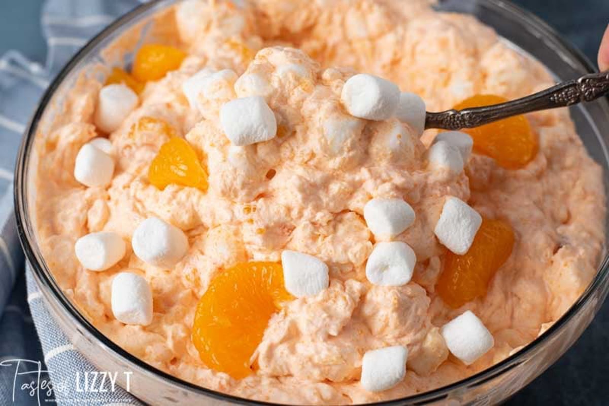orange jello fluff in a bowl