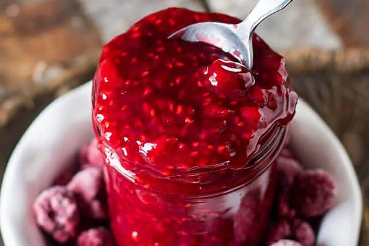 raspberry sauce in a mason jar