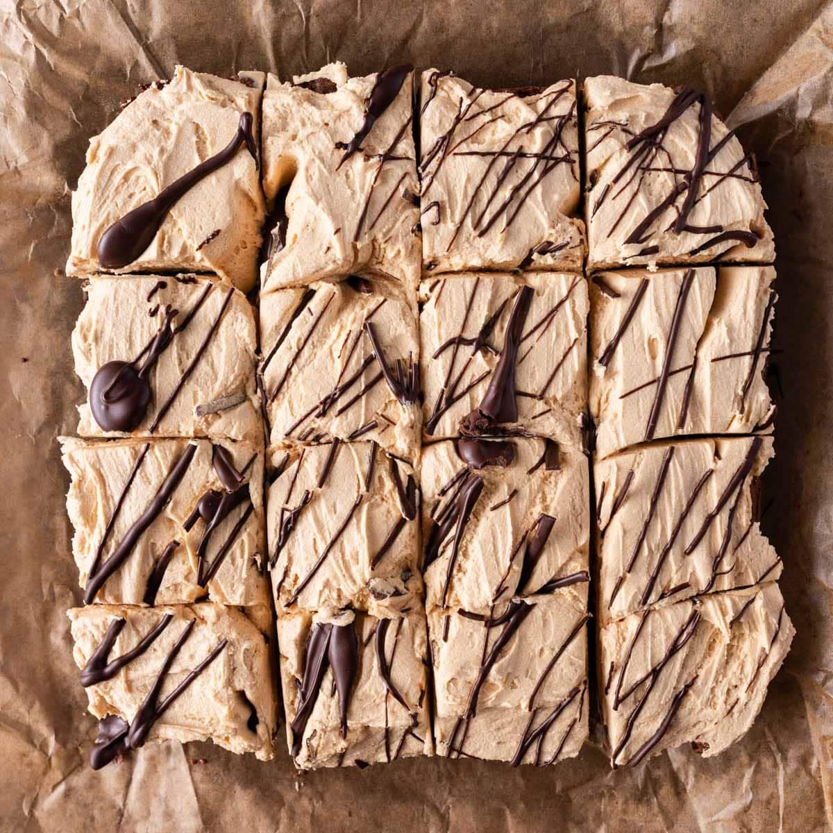 overhead view of cut chocolate peanut butter brownies