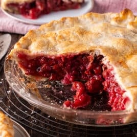 closeup of sour cherry pie on a table