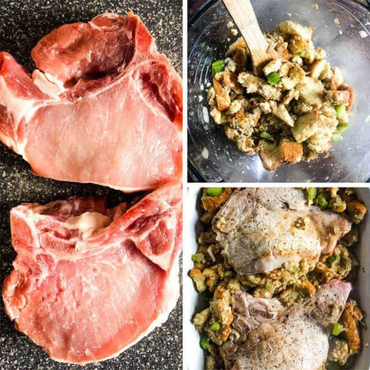 collage of stuffed pork chops