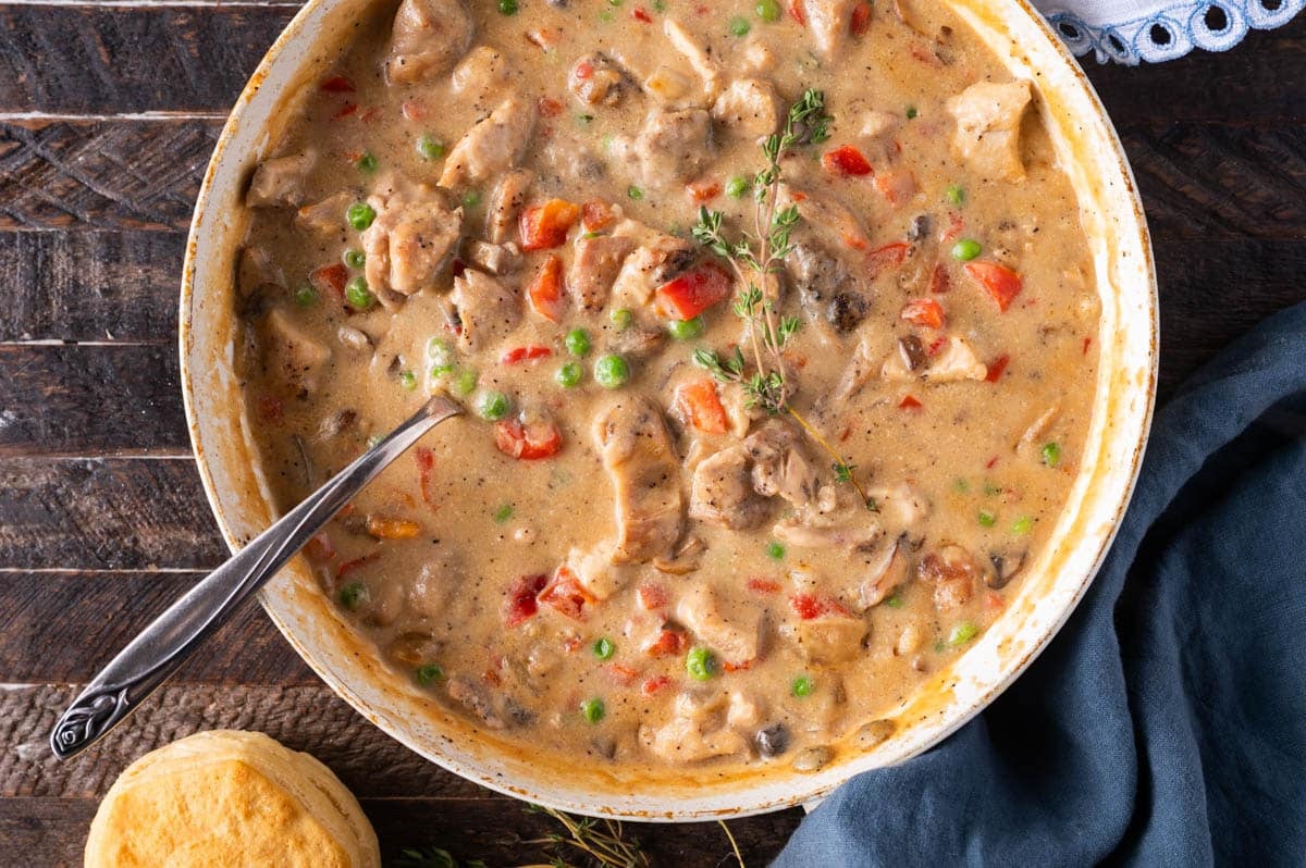 overhead view of chicken a la king in a skillet