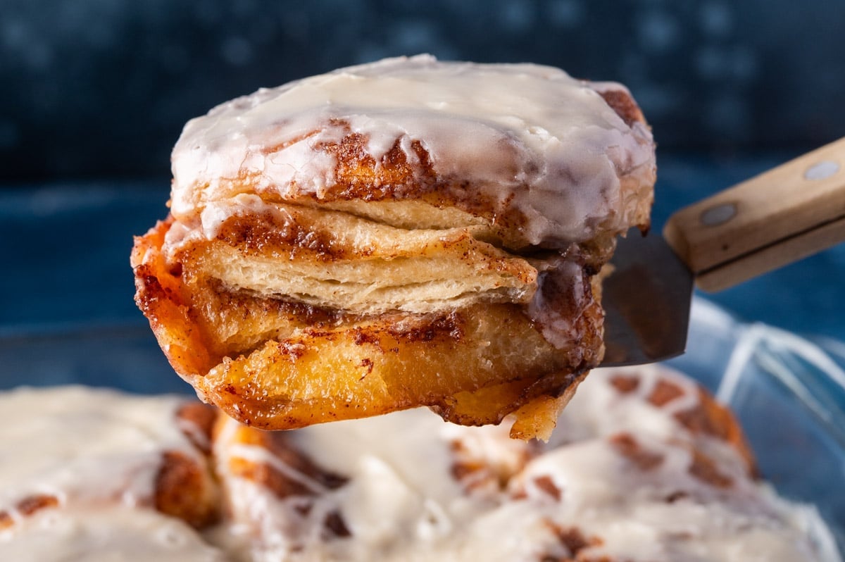 cinnamon roll biscuit bake on a spatula