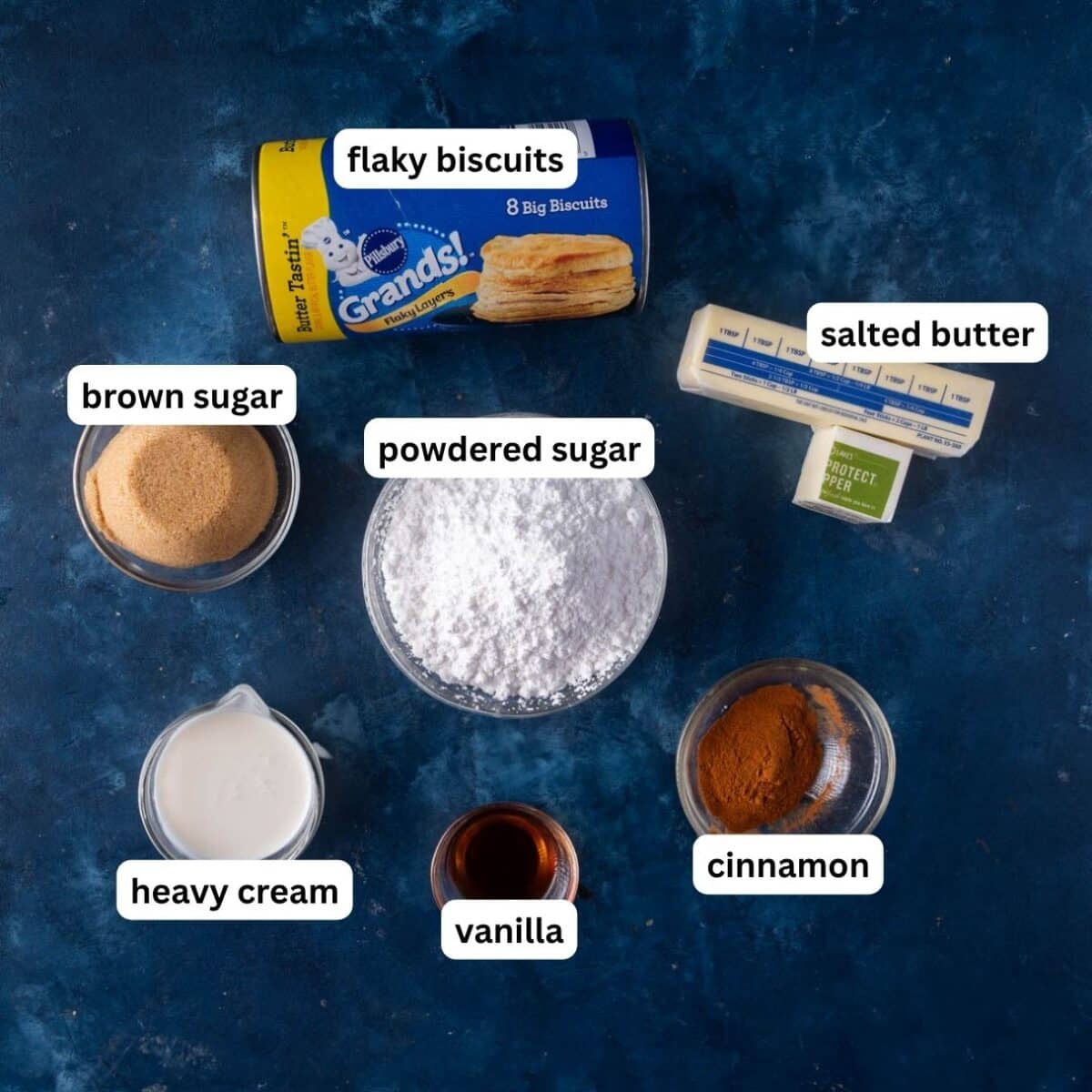 ingredients in cinnamon roll biscuit bake on a table