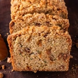 sliced peanut butter zucchini bread on a table