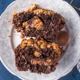 a reese's muffin cut in half on a plate