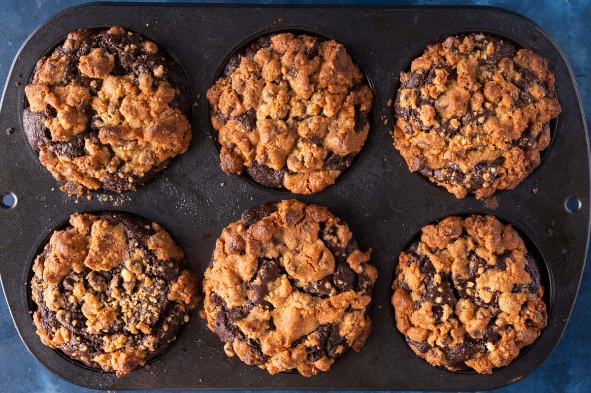 overhead view of reese's zucchini muffins with peanut butter cookie crumble