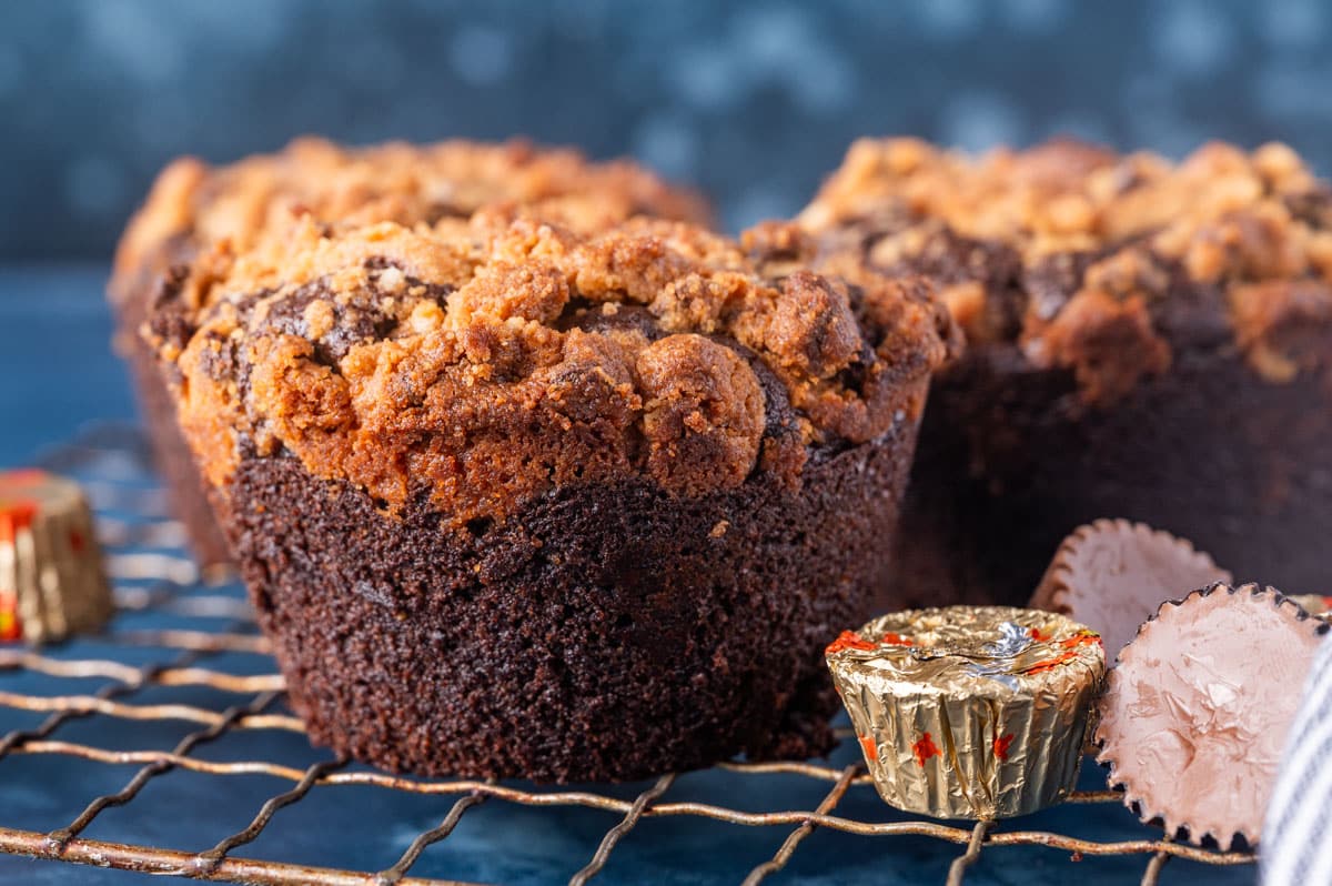 a chocolate peanut butter zucchini muffin on a wire rack